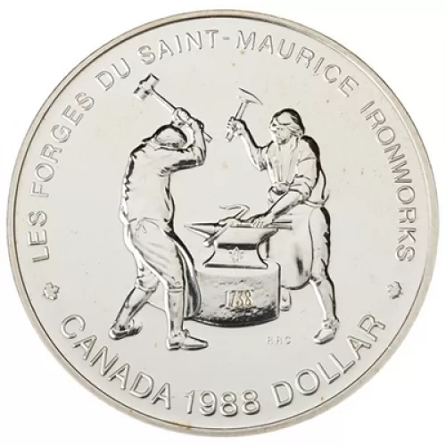 1988 Canadian $1 Saint-Maurice Ironworks Quebec 250th Anniv Brilliant Uncirculated Silver Dollar Coin