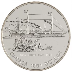 1991 (1816-) Canadian $1 Steamer Frontenac Launch 175th Anniv Brilliant Uncirculated Silver Dollar Coin 1991 (1816-) Canadian $1 Steamer Frontenac Launch 175th Anniv Brilliant Uncirculated Silver Dollar Coin