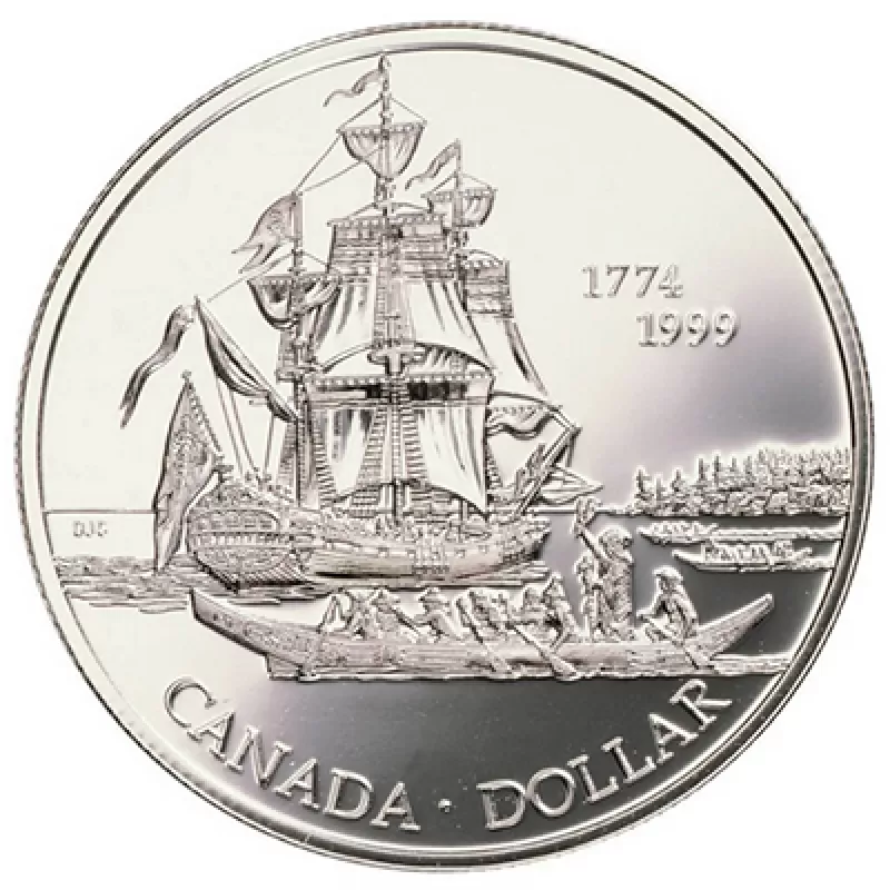 加 DOLLAR　225周年記念(1774〜1999) PF銀貨、説明書付 1999 (1774-) Canadian $1 Voyage of Juan Perez 225th Anniv