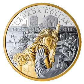 2019 (1944-) Canadian $1 75th Anniversary of D-Day Proof Silver Gold-plated Dollar Coin-coin in capsule only
