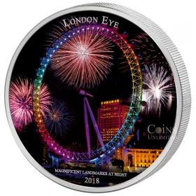 2018 Ivory Coast 2000 Francs CFA Magnificent Landmarks at Night: London Eye 2 oz Fine Silver Ultraviolet Coin