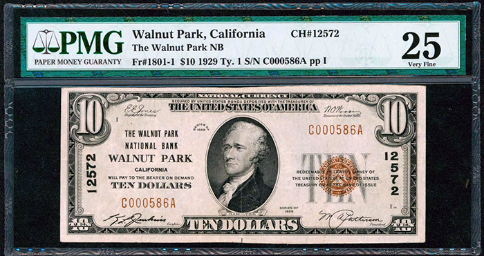 Front View - 1929 $10 Walnut Park, California US Banknote